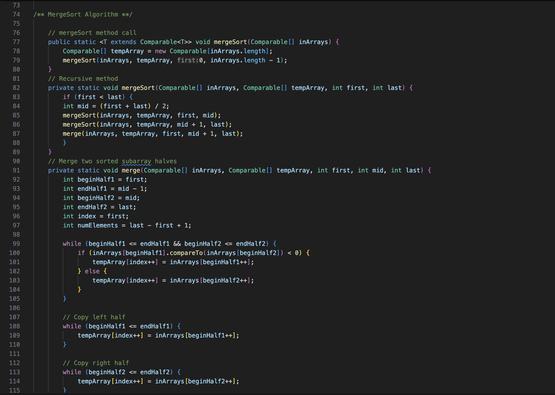 Screenshot of Rachel's program to find common elements in array