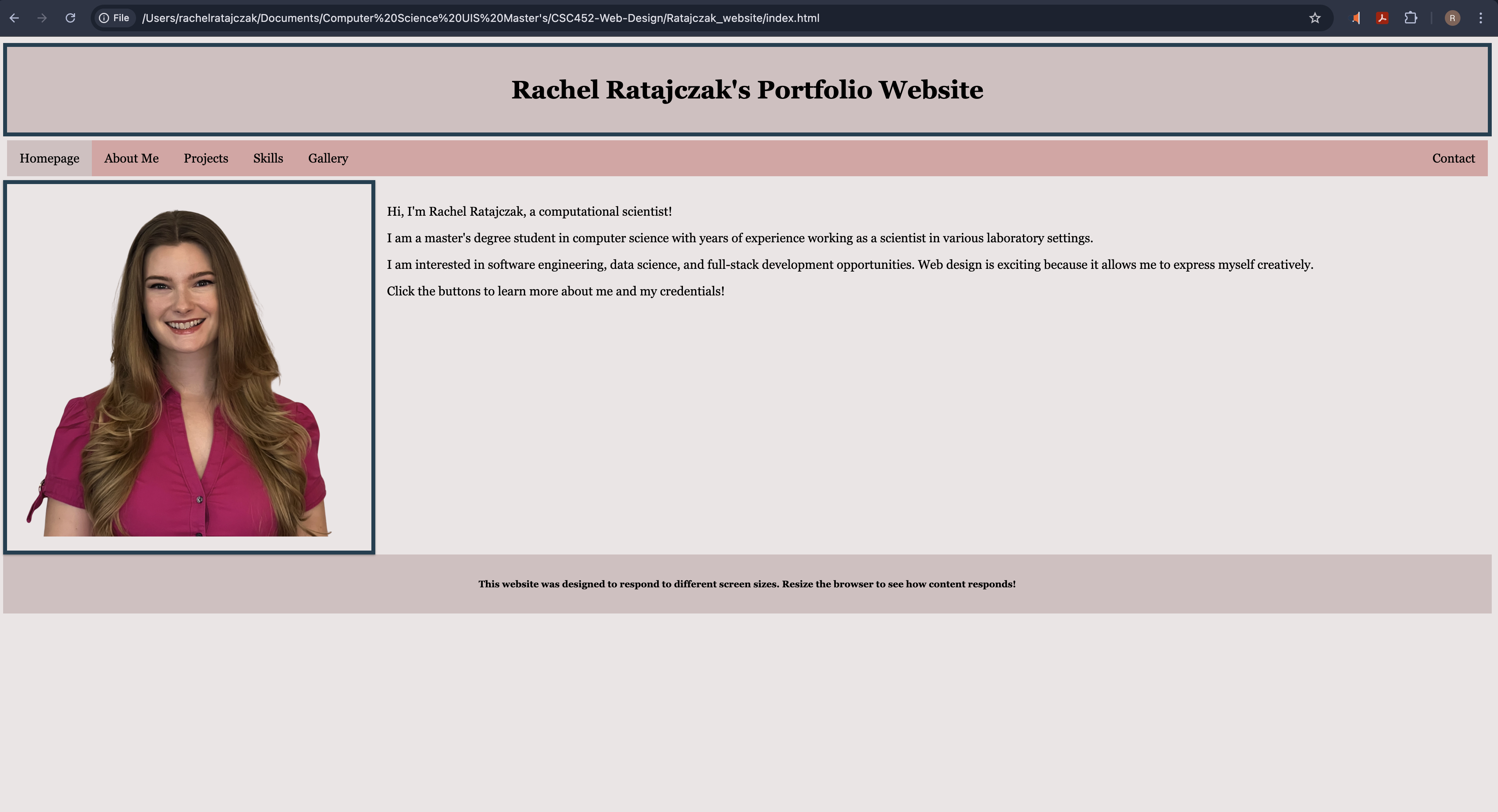 Screenshot of Rachel's portfolio website homepage